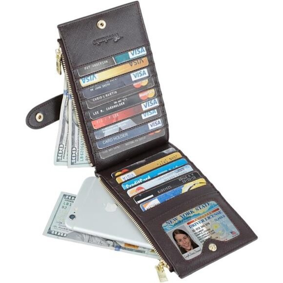 Women's Wallet RFID Blocking Bi fold Multi Card Wallet Zipper Pocket COFFEE NEW - Picture 1 of 5